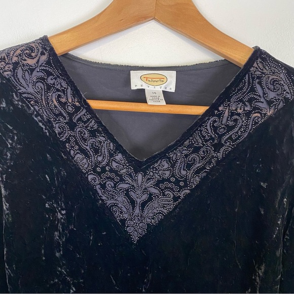 VTG Talbots V Neck Black Velvet Burnout Silk Blend Long Sleeve Top size 14 - Picture 4 of 9